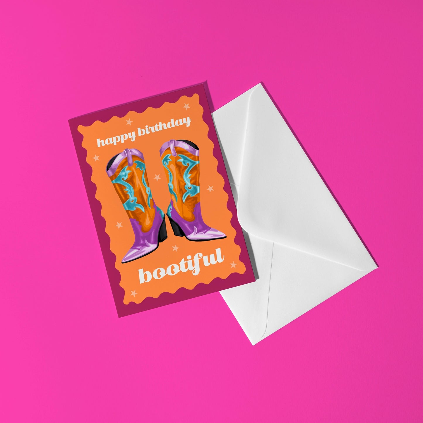 Birthday card with cowboy boots and 'bootiful' text on a pink background