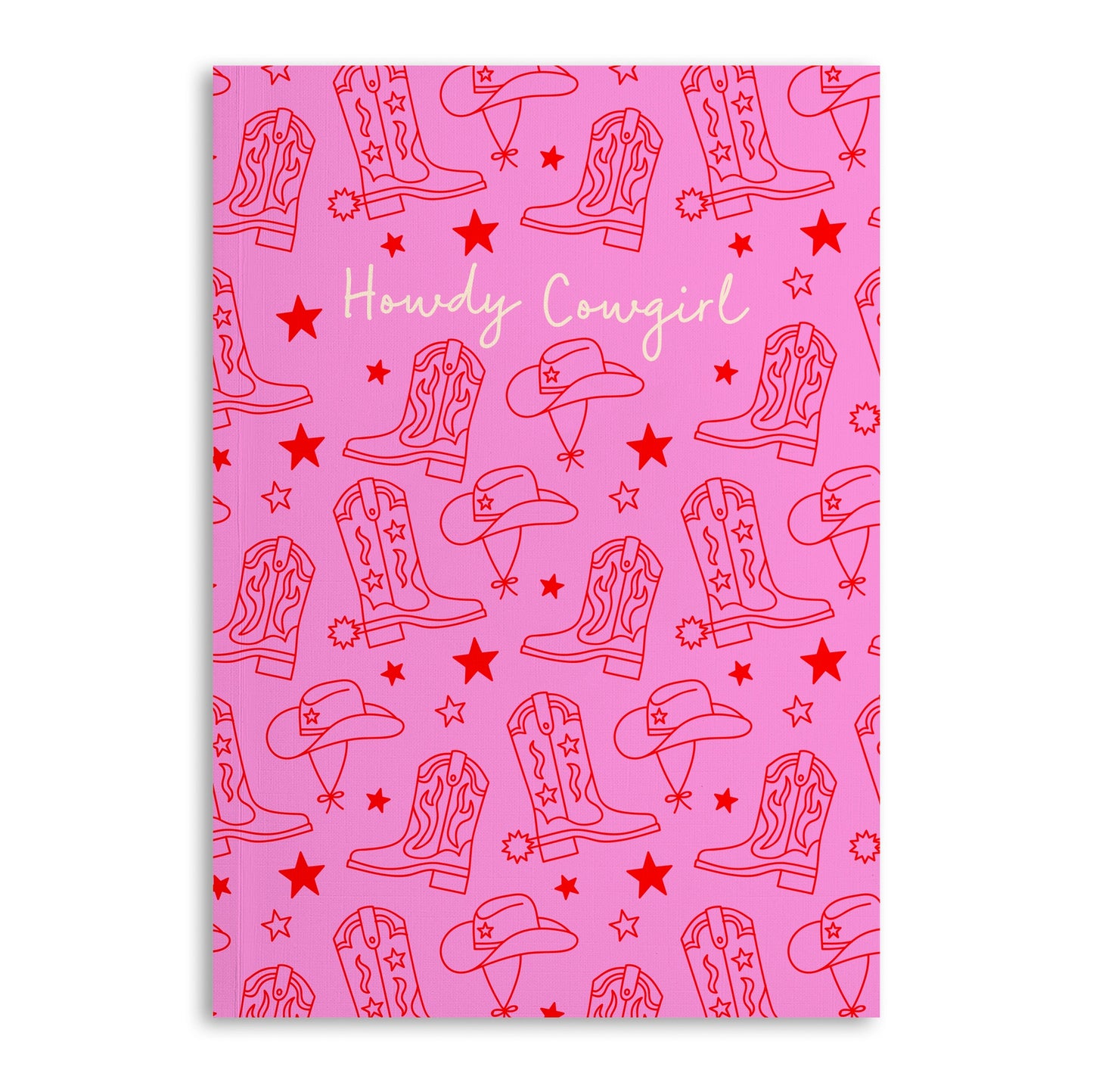 Pink notebook featuring howdy cowgirl and a red cowboy hat and boot design