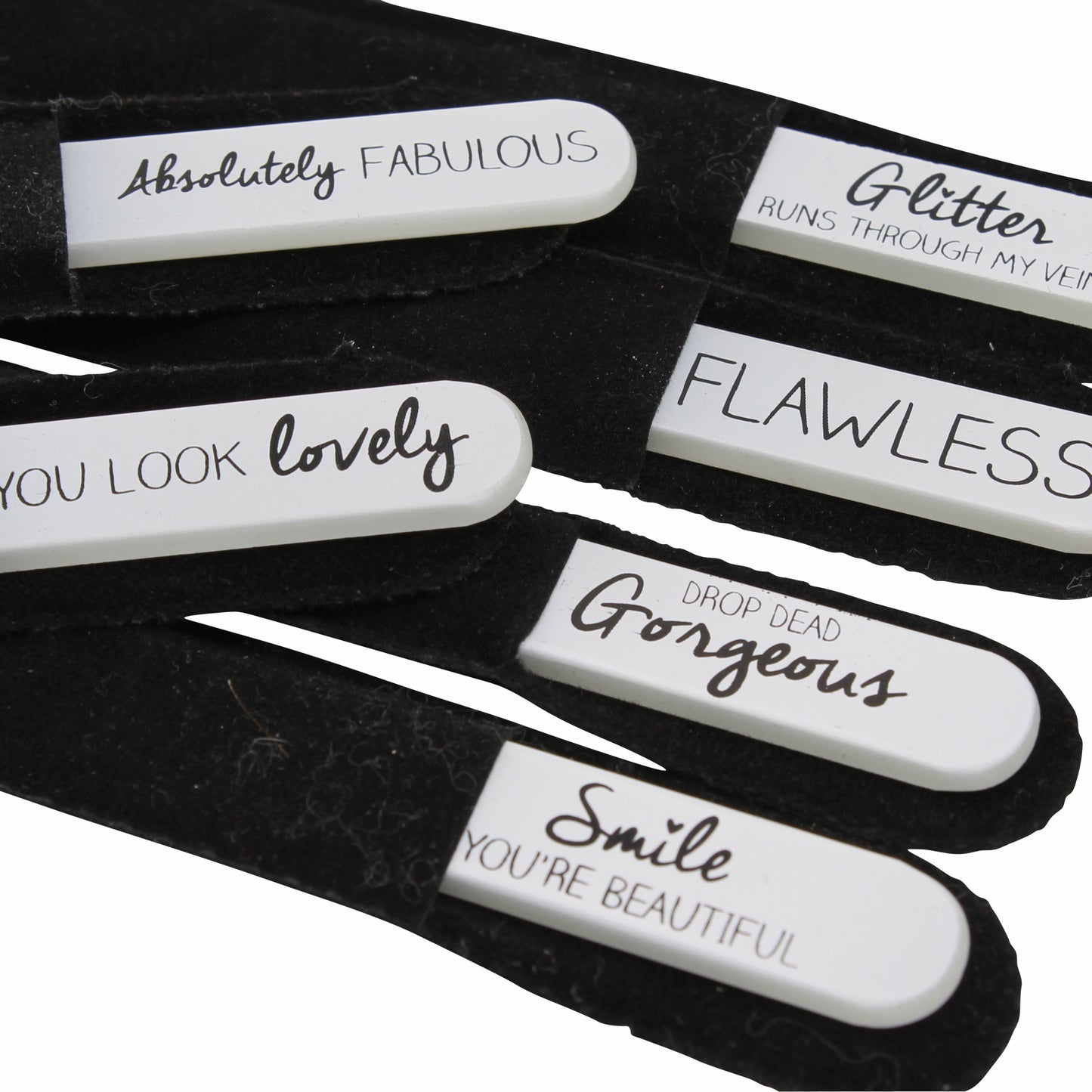 Glass nail file in black soft velvet pouch with choice of slogans