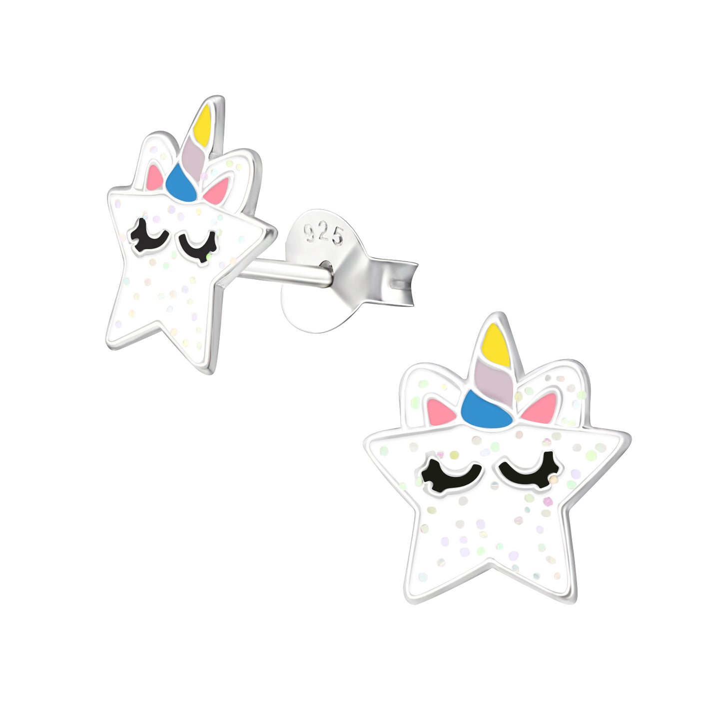 Pretty glitter star with sleeping unicorn detail stud earrings.