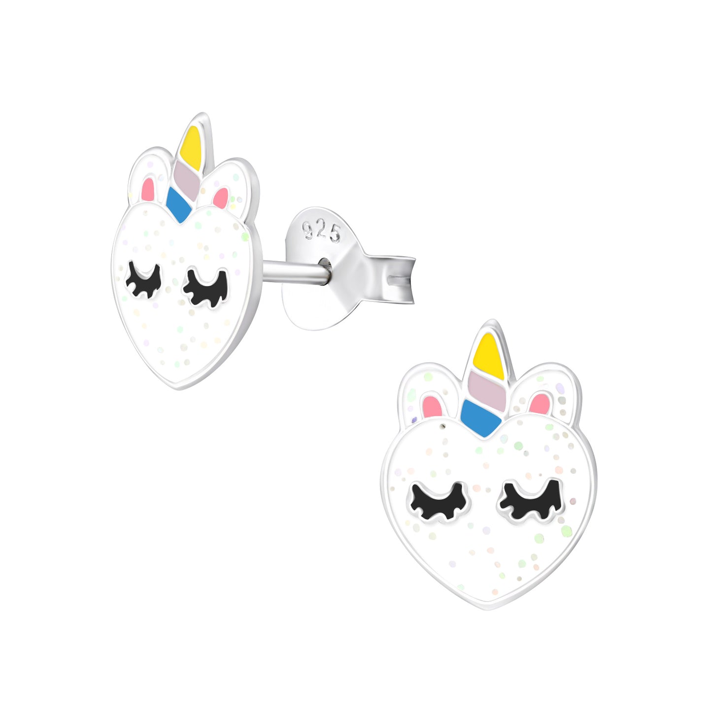 Pretty glitter heart with sleeping unicorn detail stud earrings.