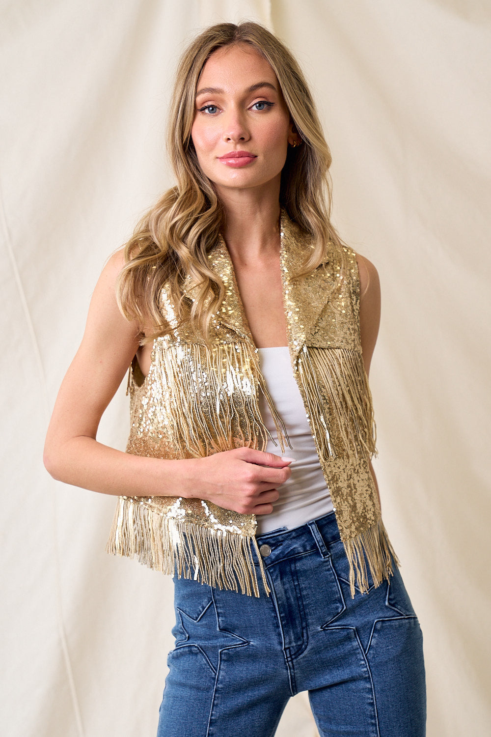 Sequin gold fringe vest waistcoat