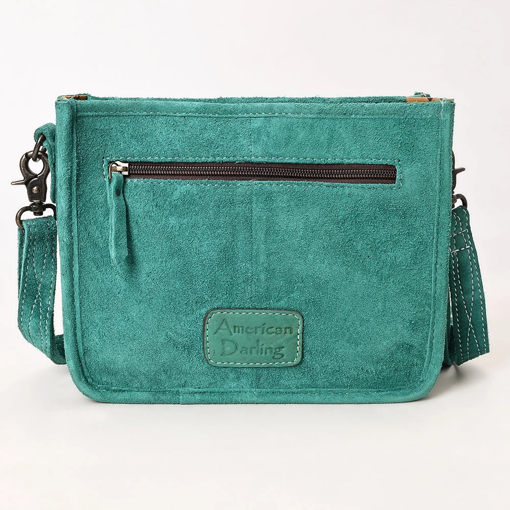 Turquoise handbag with a visible brand logo on a white background