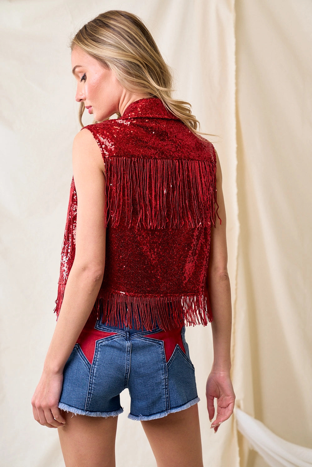 Sequin embellished red fringe waistcoat
