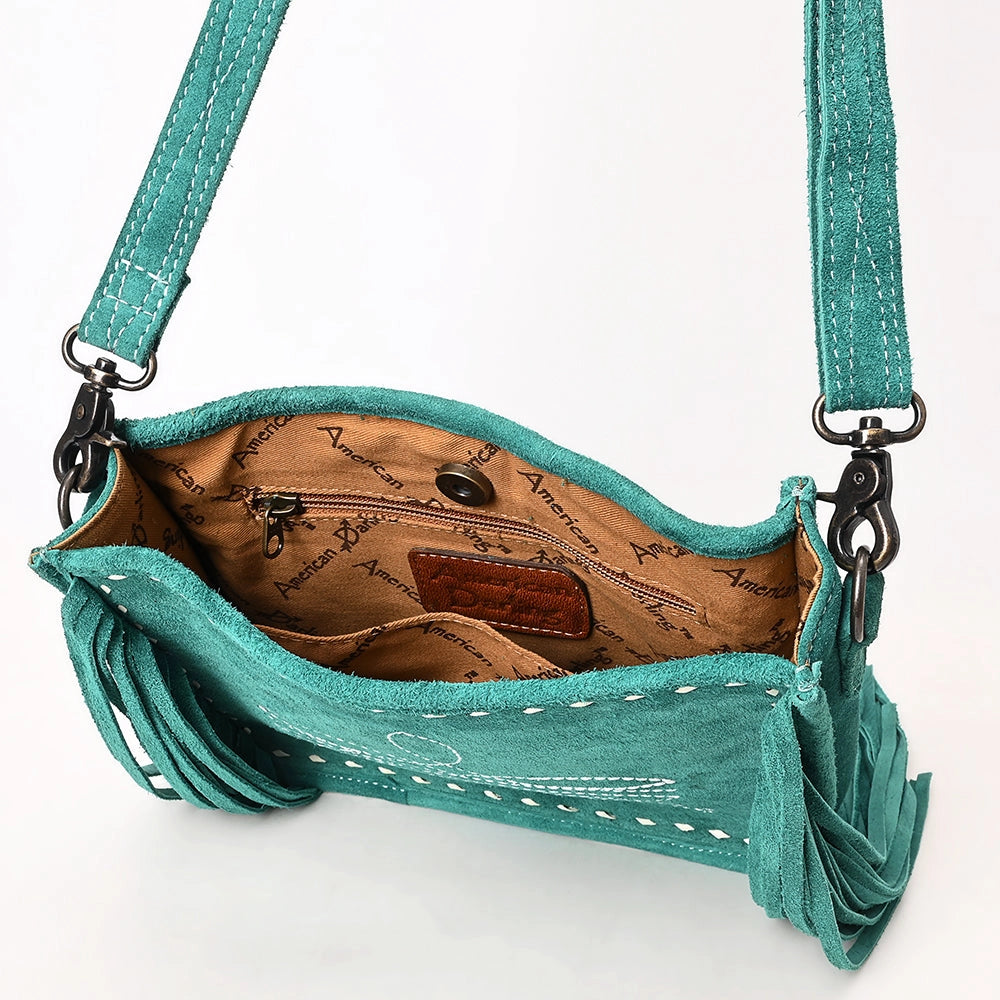 Teal handbag with a strap on a white background