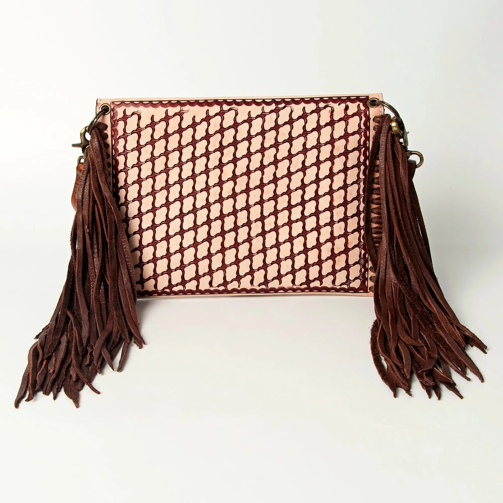 Reverse of brown woven clutch bag with fringe on a white background