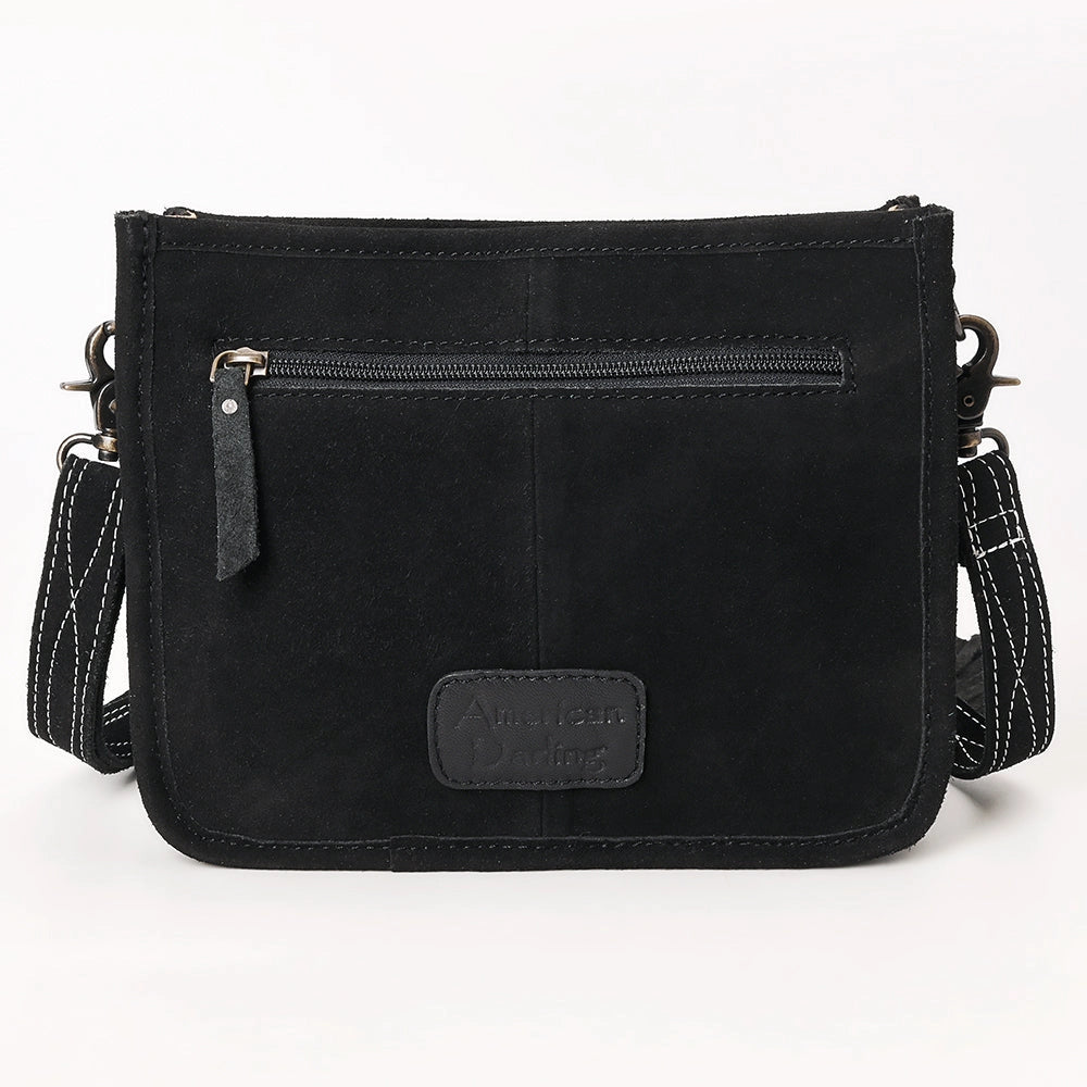 Black crossbody bag with visible brand logo on a white background