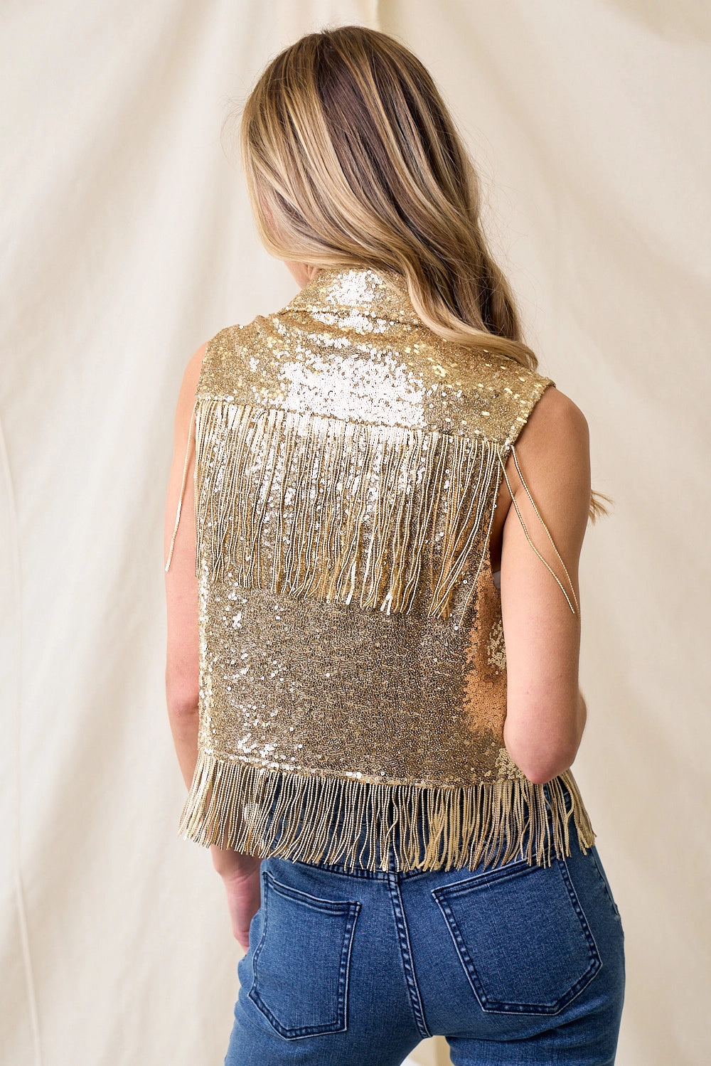 Back of Sequin gold fringe vest waistcoat