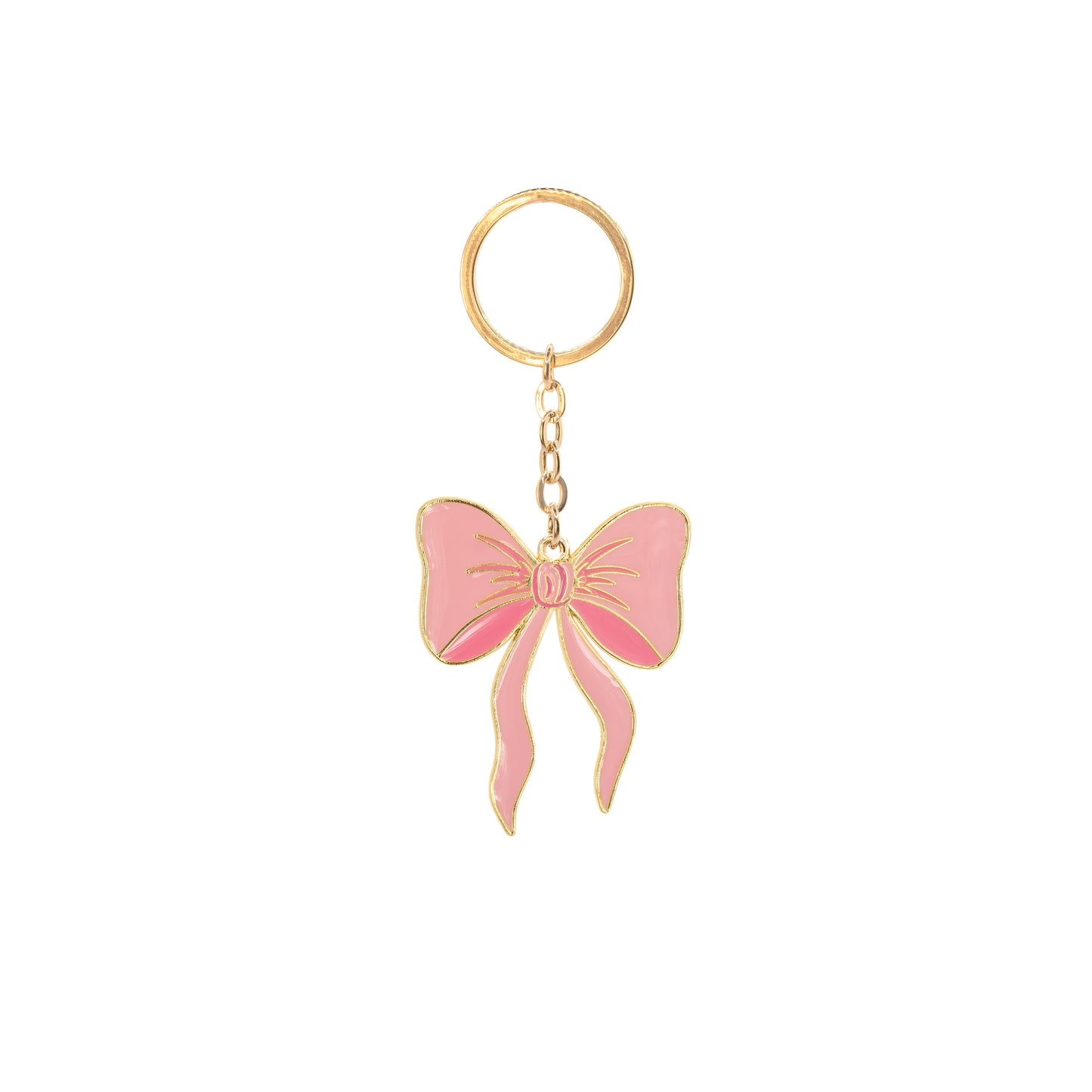 Pink coquette bow keychain with gold ring on a white background