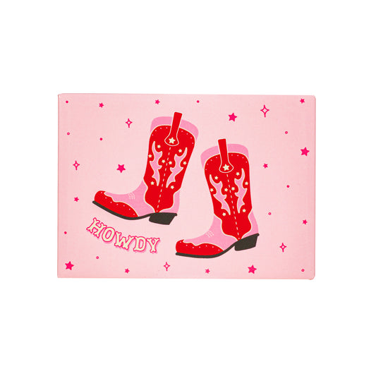 Pink compact pocket mirror featuring the word Howdy and a pair of pink and red cowboy boots