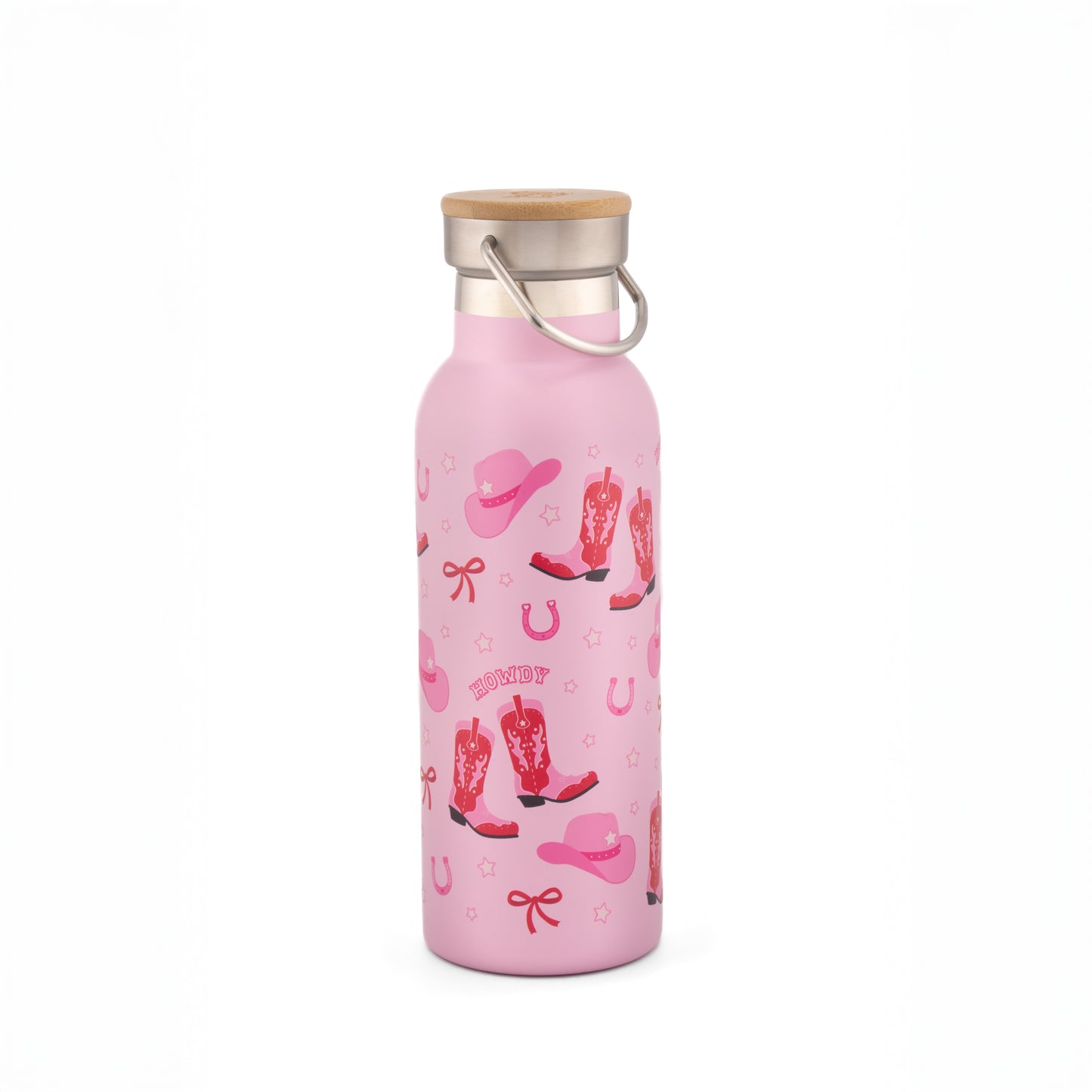Pink water bottle with cowboy boot and hat pattern on a white background