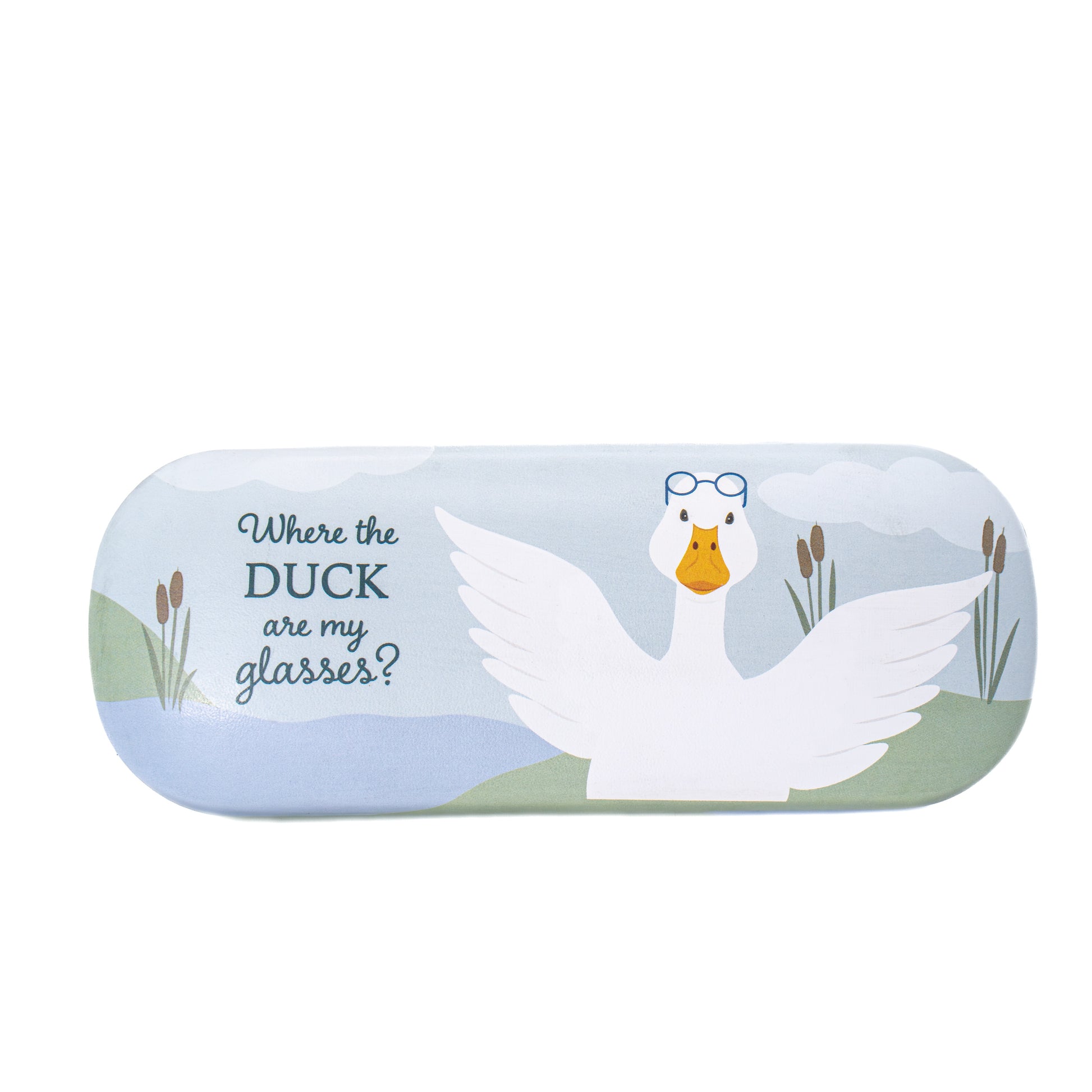Where the Duck is my glasses case with a white duck design