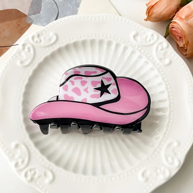 Pink cowboy hat-shaped hair clip,=