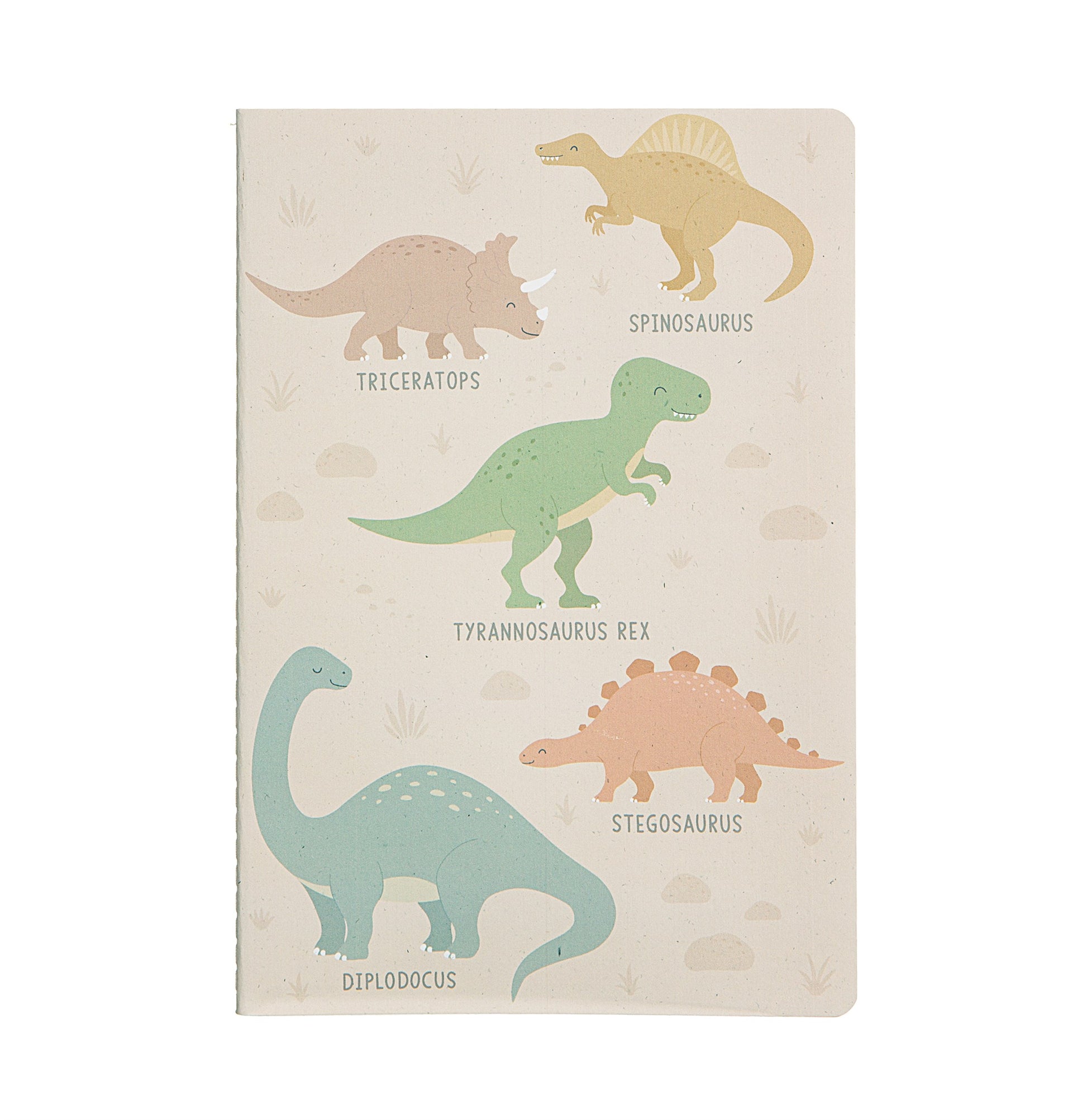 Dinosaur A5 notebook featuring different dinos from T-rex to Triceratops to Diplodocus