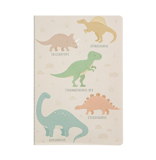 Dinosaur A5 notebook featuring different dinos from T-rex to Triceratops to Diplodocus