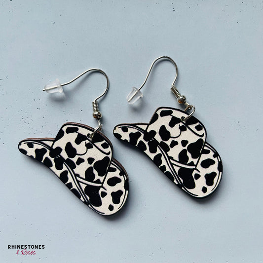 Wooden Country Cow Print Drop Earrings