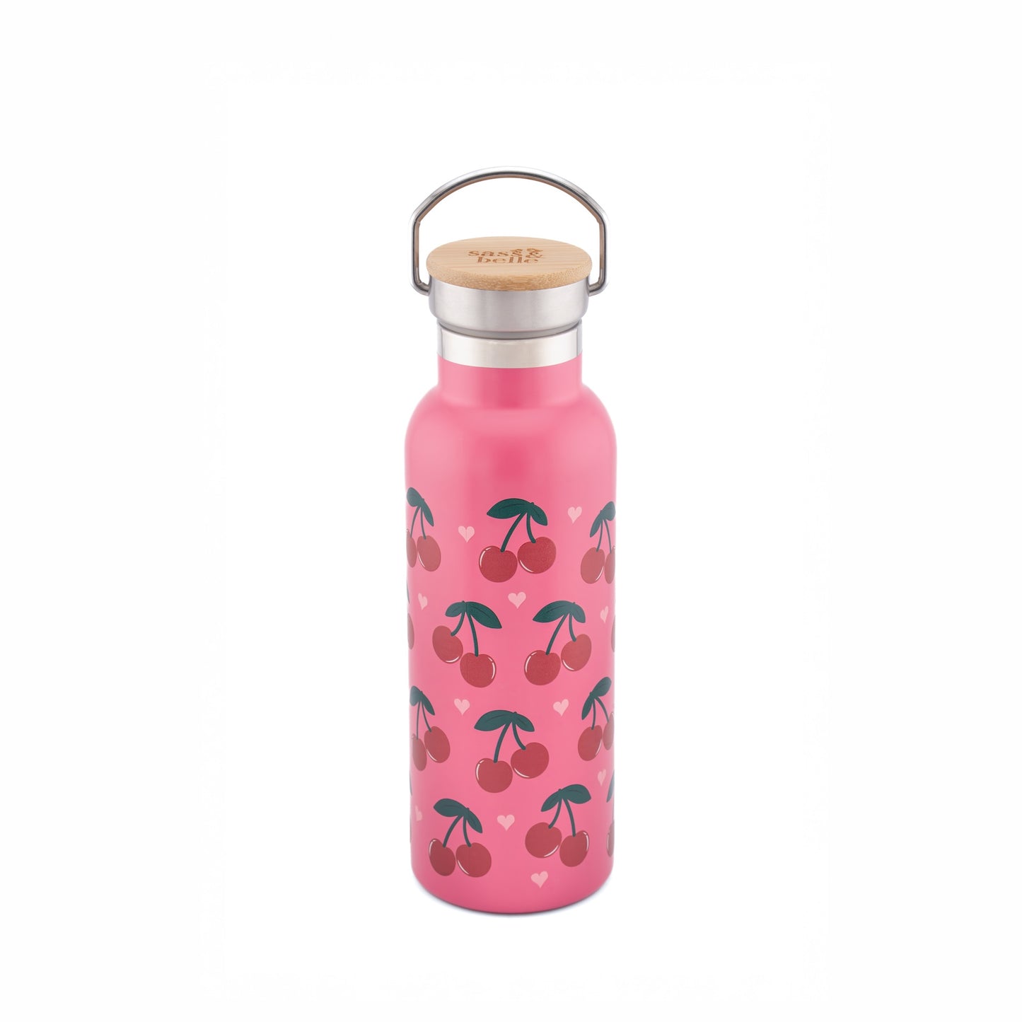 Pink water bottle with cherry design on a white background