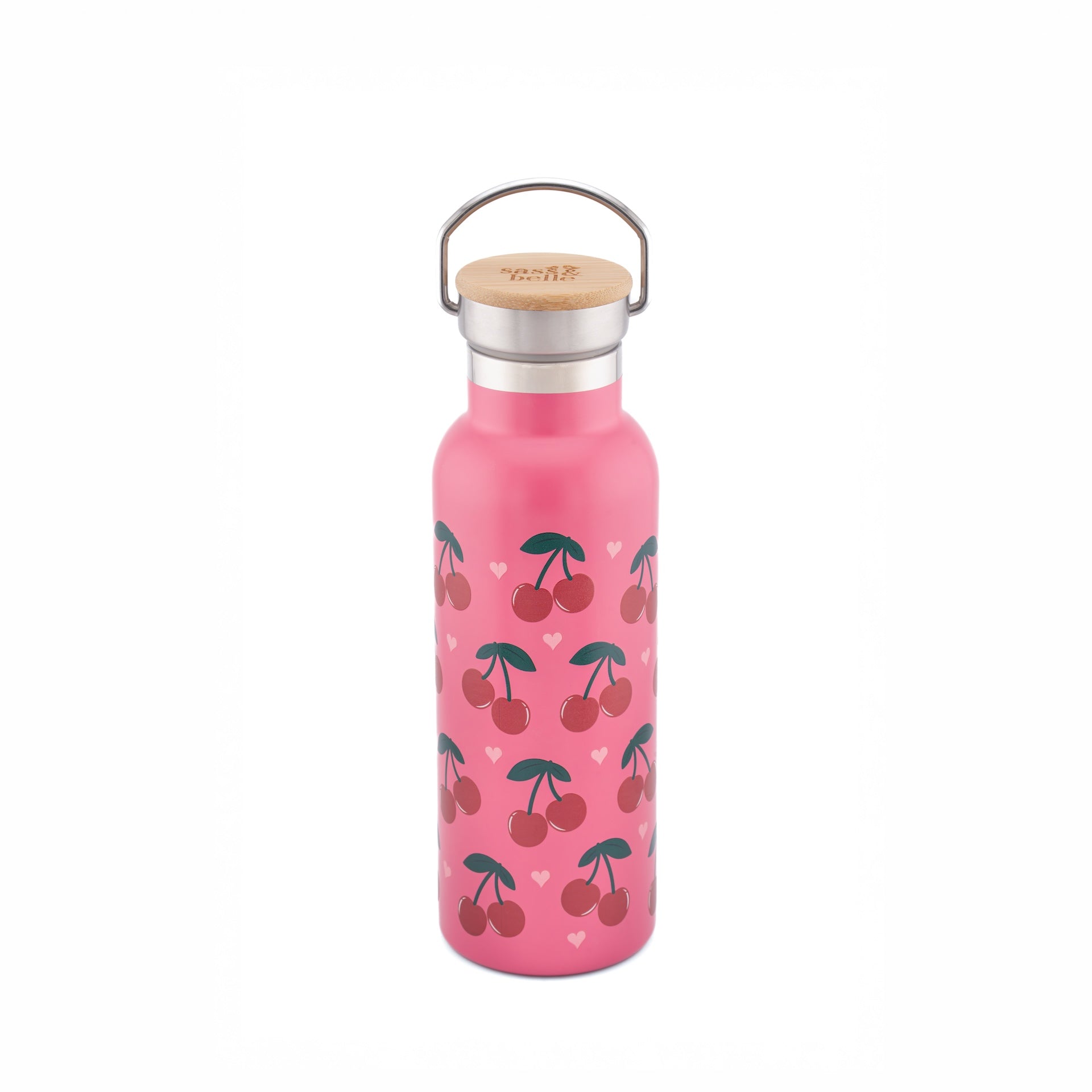 Pink water bottle with cherry design on a white background