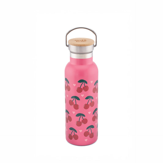 Pink water bottle with cherry design on a white background
