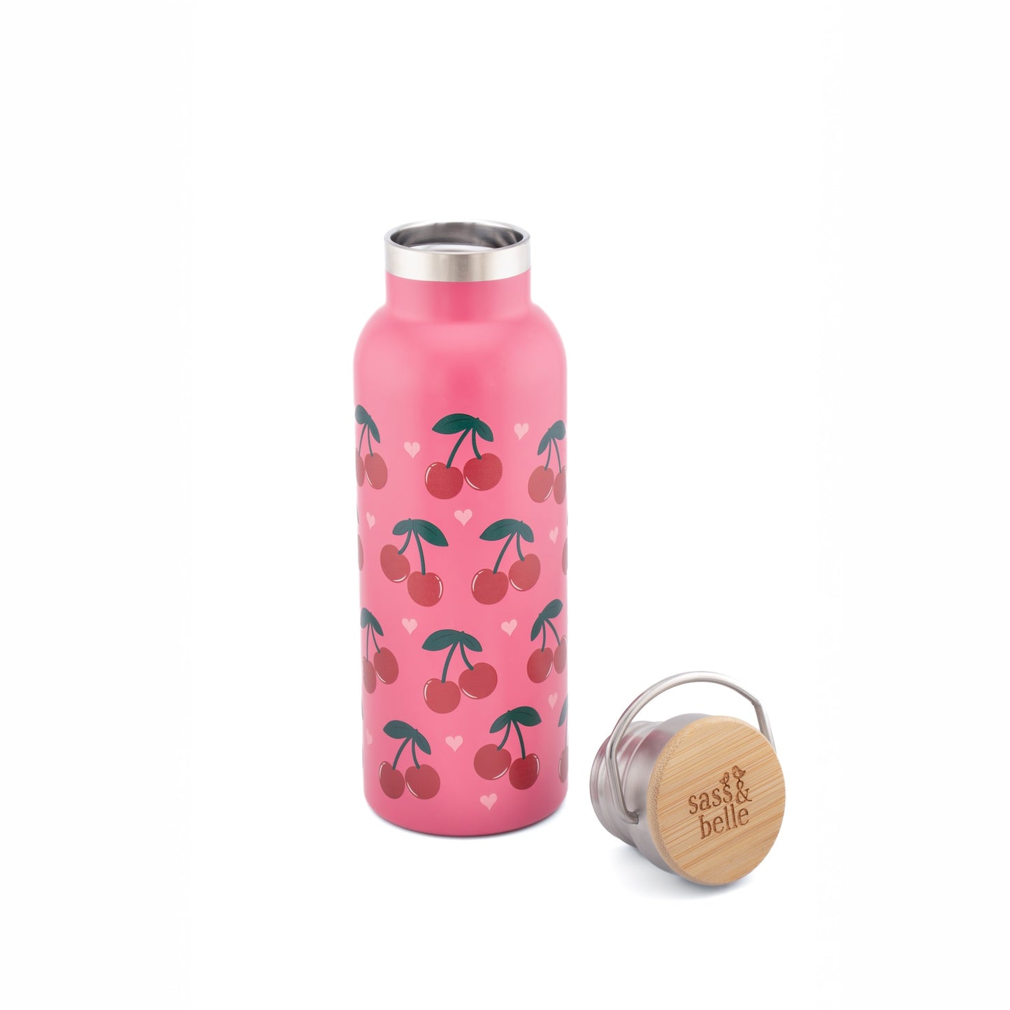 Pink water bottle with cherry pattern and wooden cap on a white background