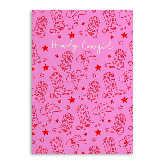 Pink notebook featuring howdy cowgirl and a red cowboy hat and boot design