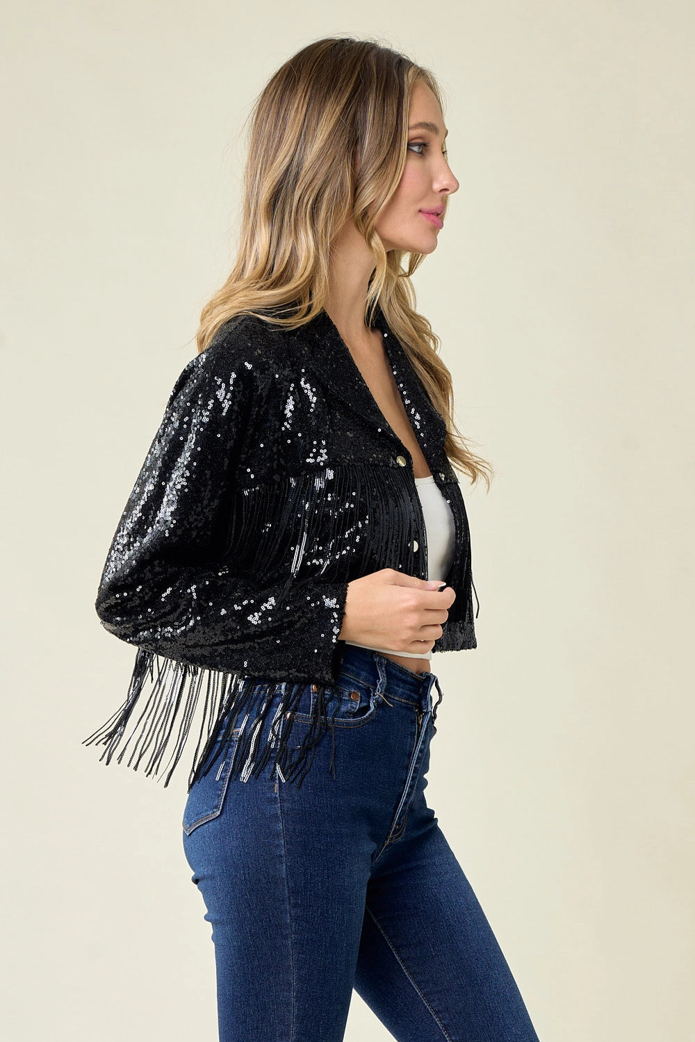 Black sequin jacket with fringing