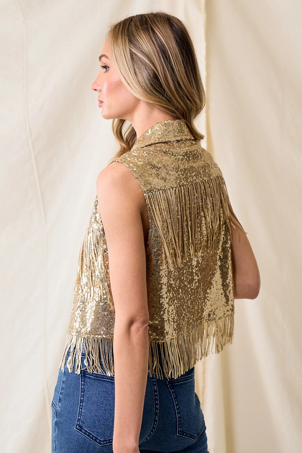 Back of Sequin gold fringe vest waistcoat