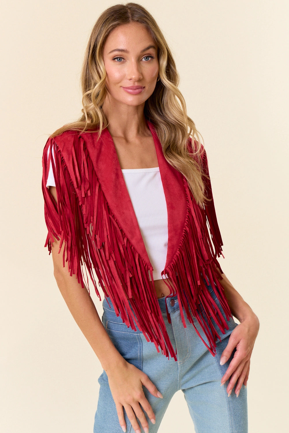 Ruby red fringe jacket shrug