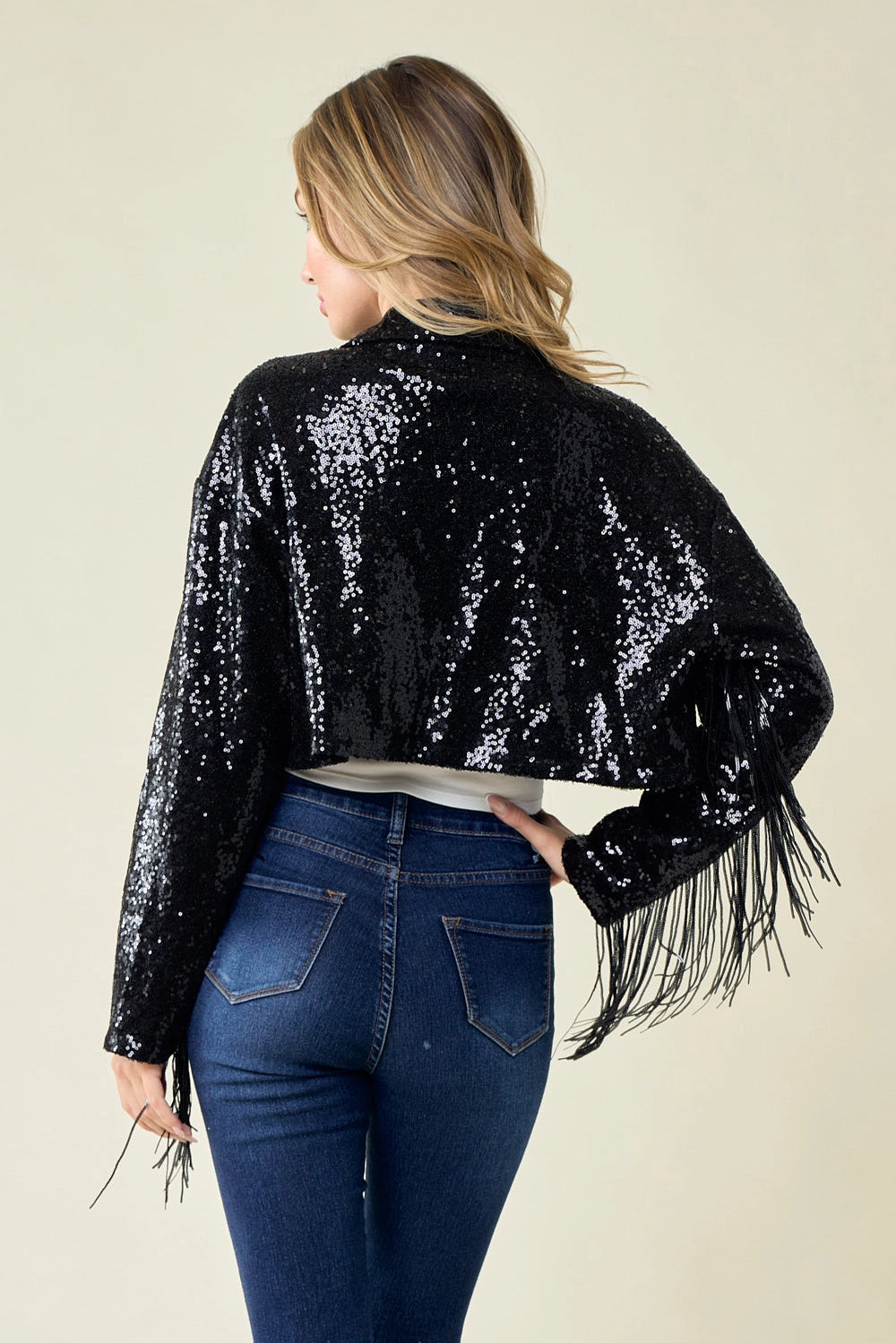 Tasseled black sequin embellished jacket