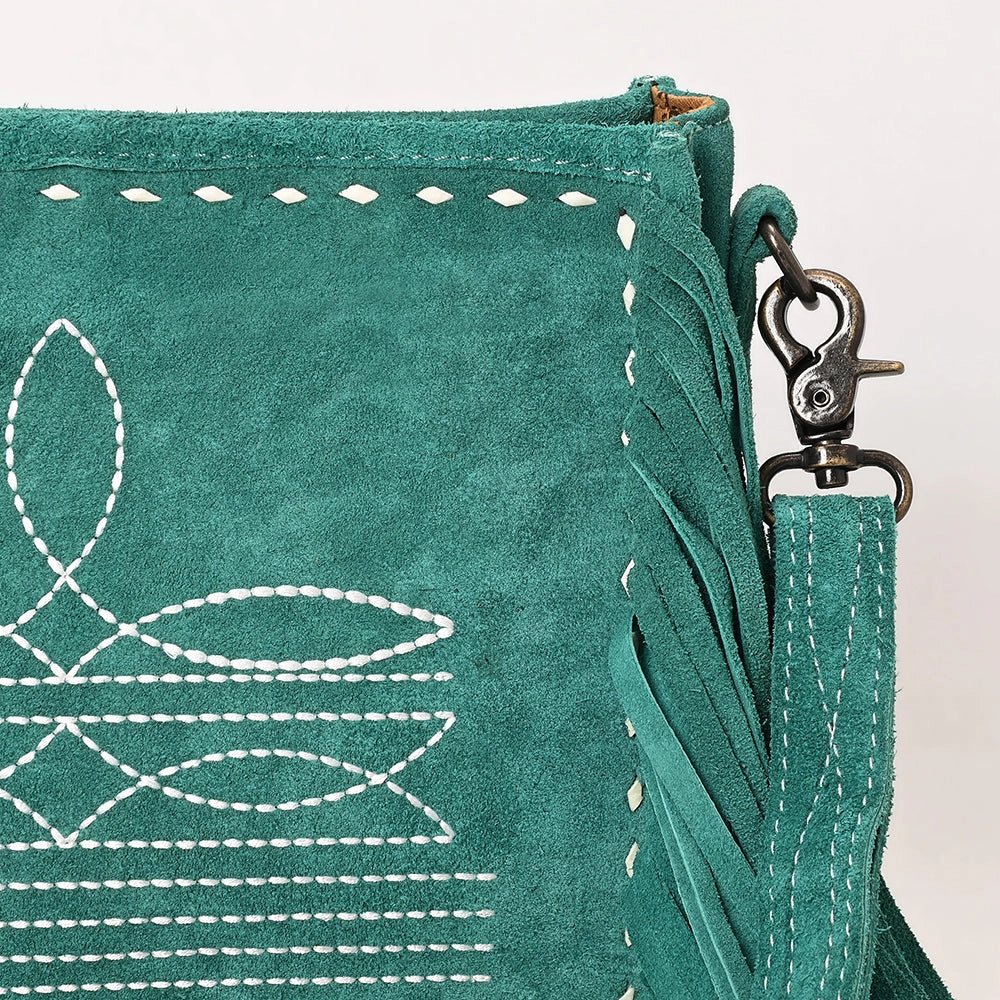 Teal bag with white stitching details on a light gray background