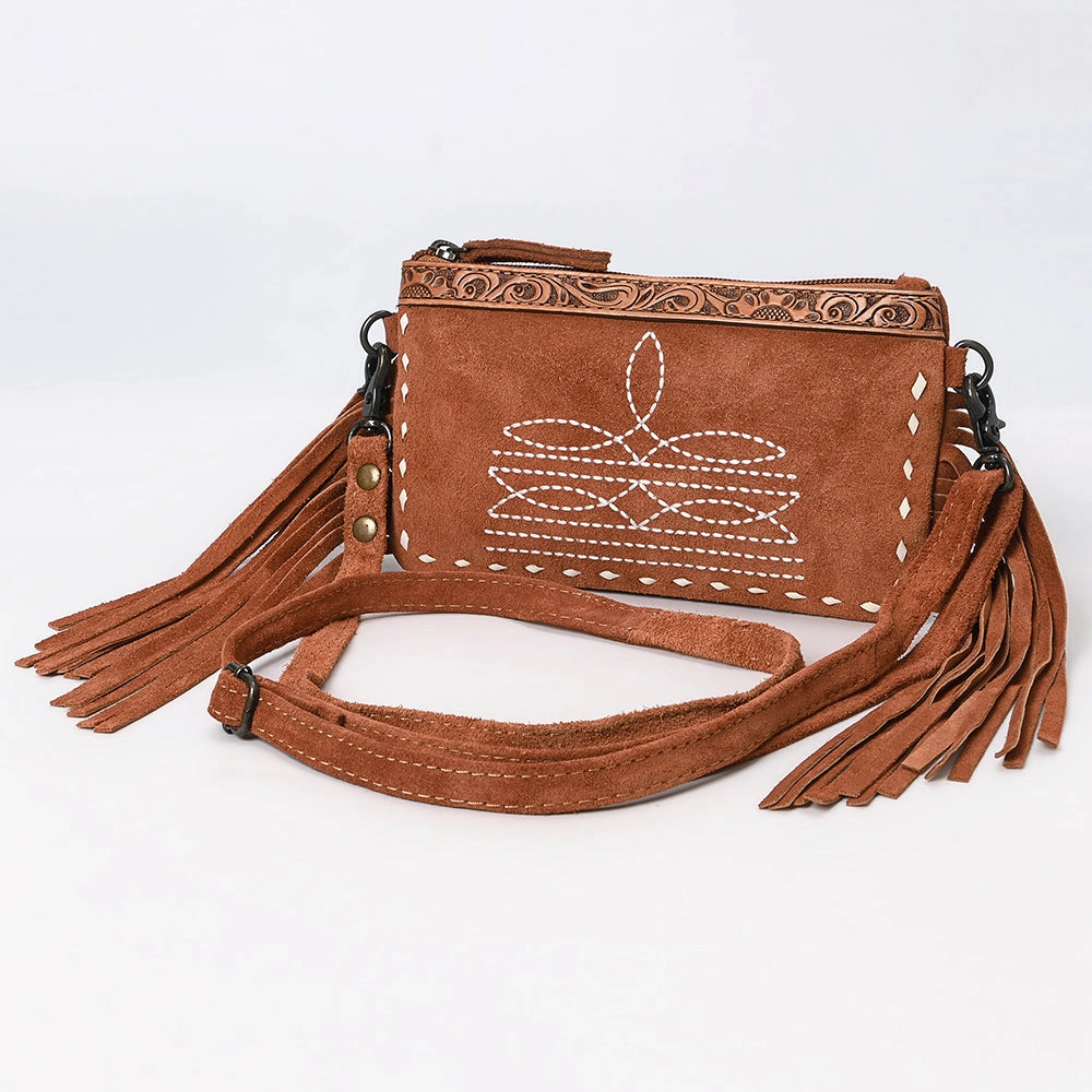 Brown suede handbag with tassels and cowboy boot stitching design on a white background