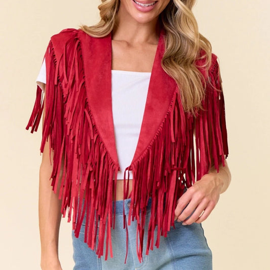 Vibrant red fringe shrug