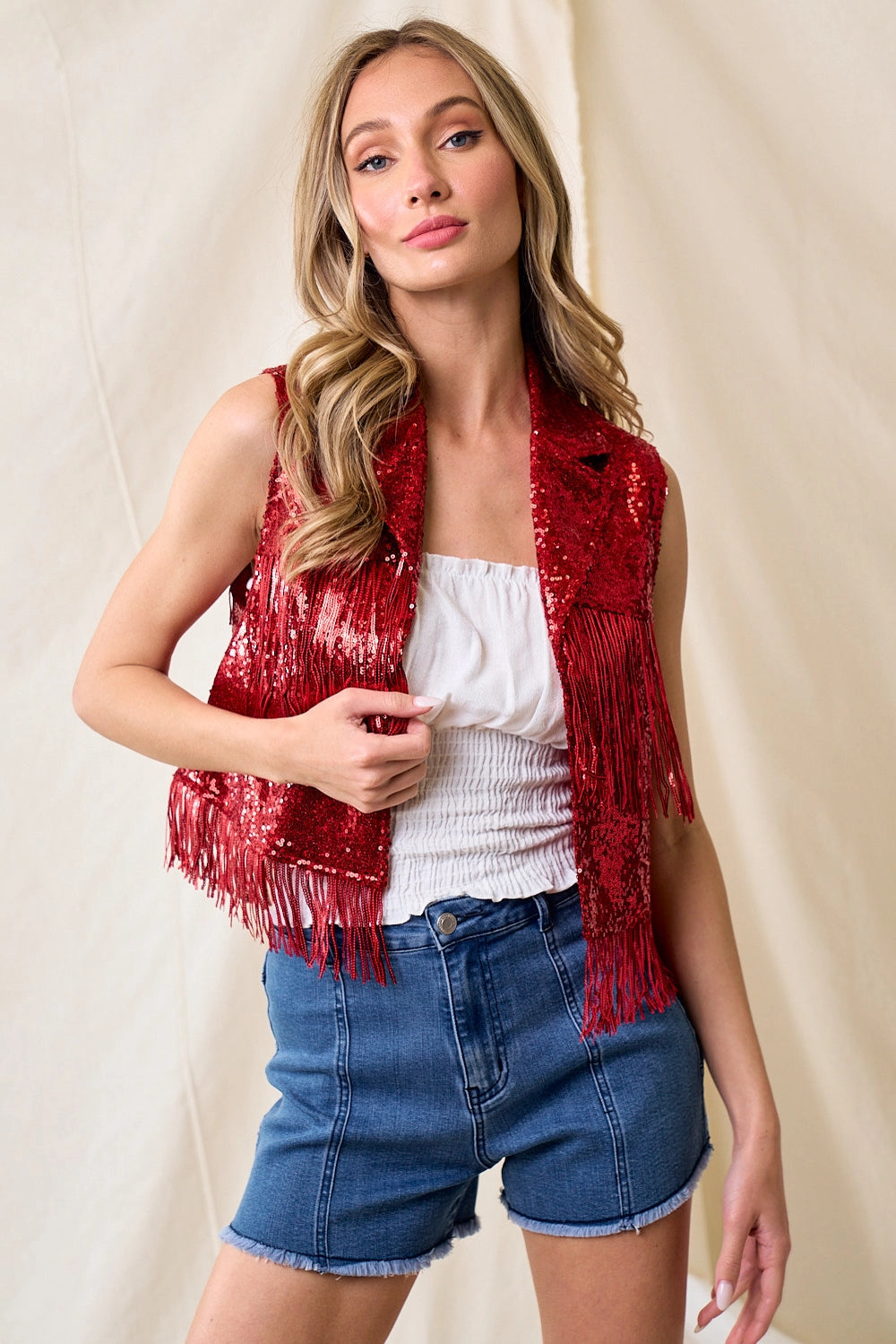 Sequin embellished red fringe waistcoat