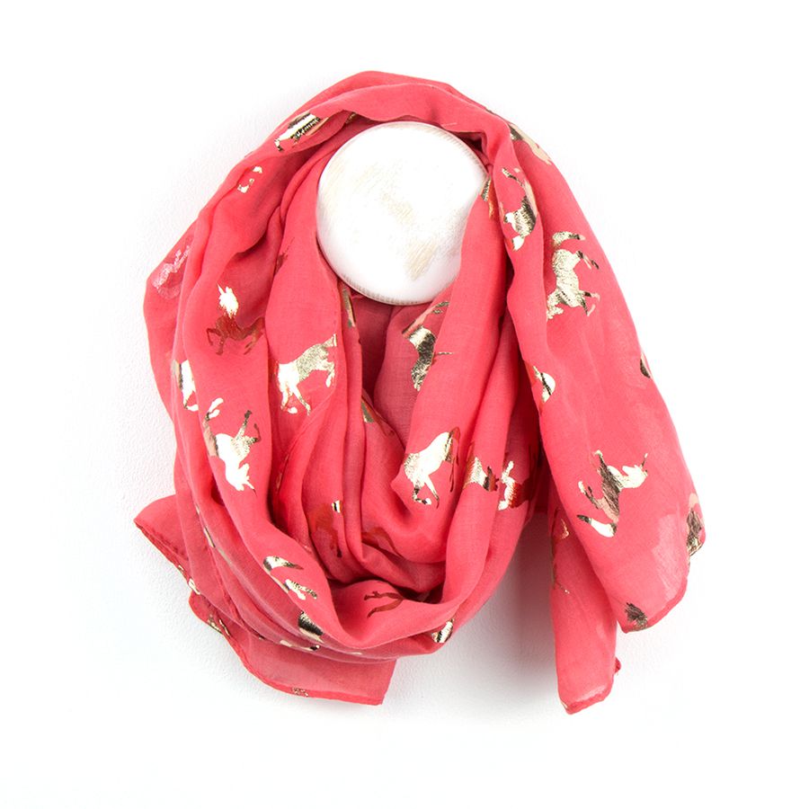 Gorgeous coral scarf with metallic rose gold foil unicorn print