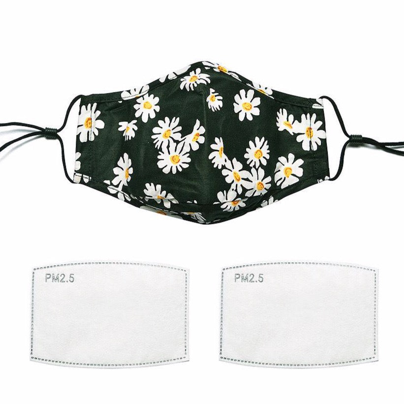 Black Daisy Cotton Face Mask