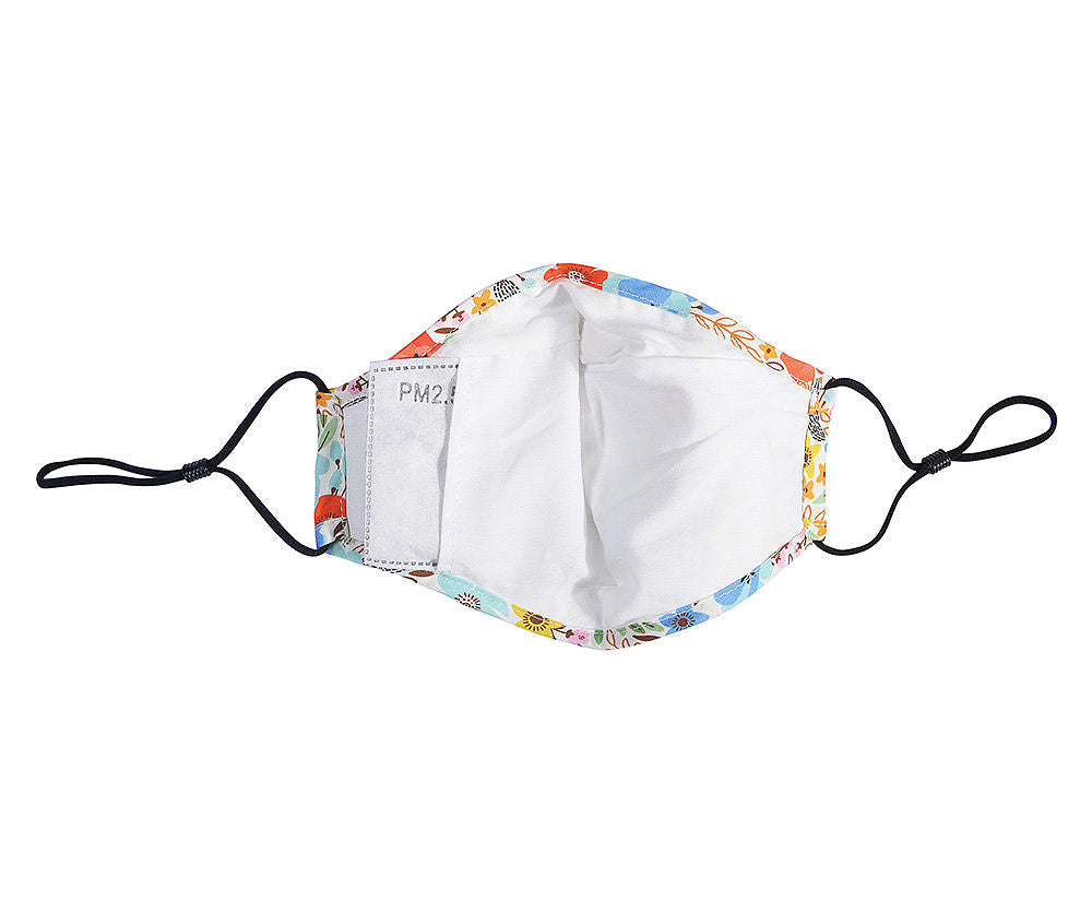 Inside of Fashionable face mask with a red and blue poppy printed fabric design.