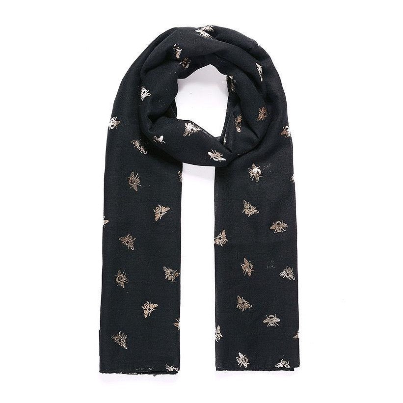 Bee print black foil print scarf