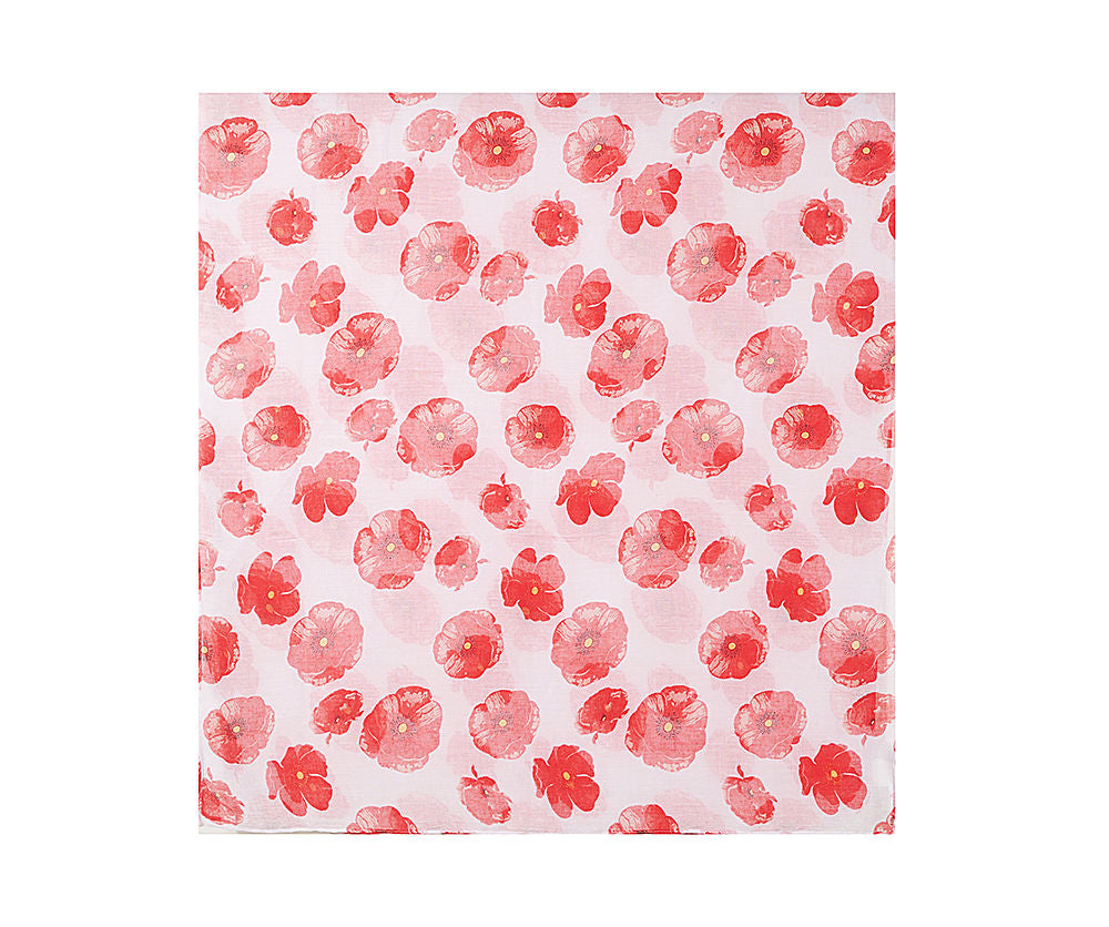 Detail print of A beautiful white scarf printed with a vibrant red poppy design.