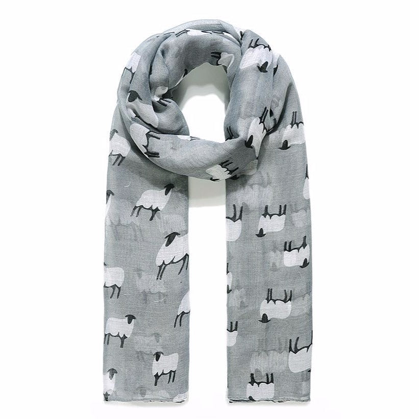 Baa Baa White Sheep Prrinted Scarf in Grey