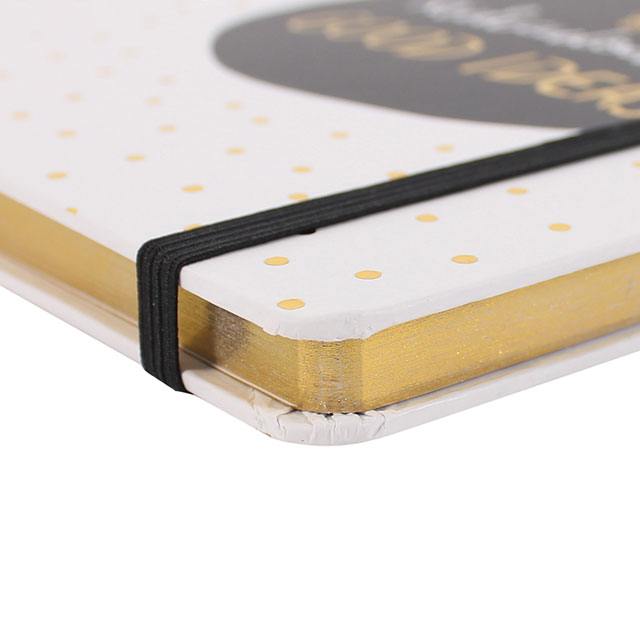 A5 hard cover notebook with monochrome and gold design and slogan: Ridiculously Good Ideas