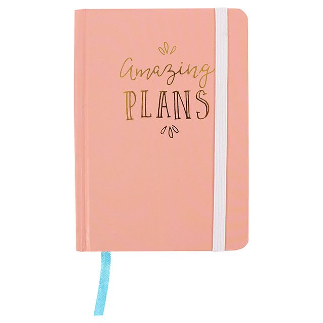 A6 hard cover notebook in pink with phrase: Amazing Plans