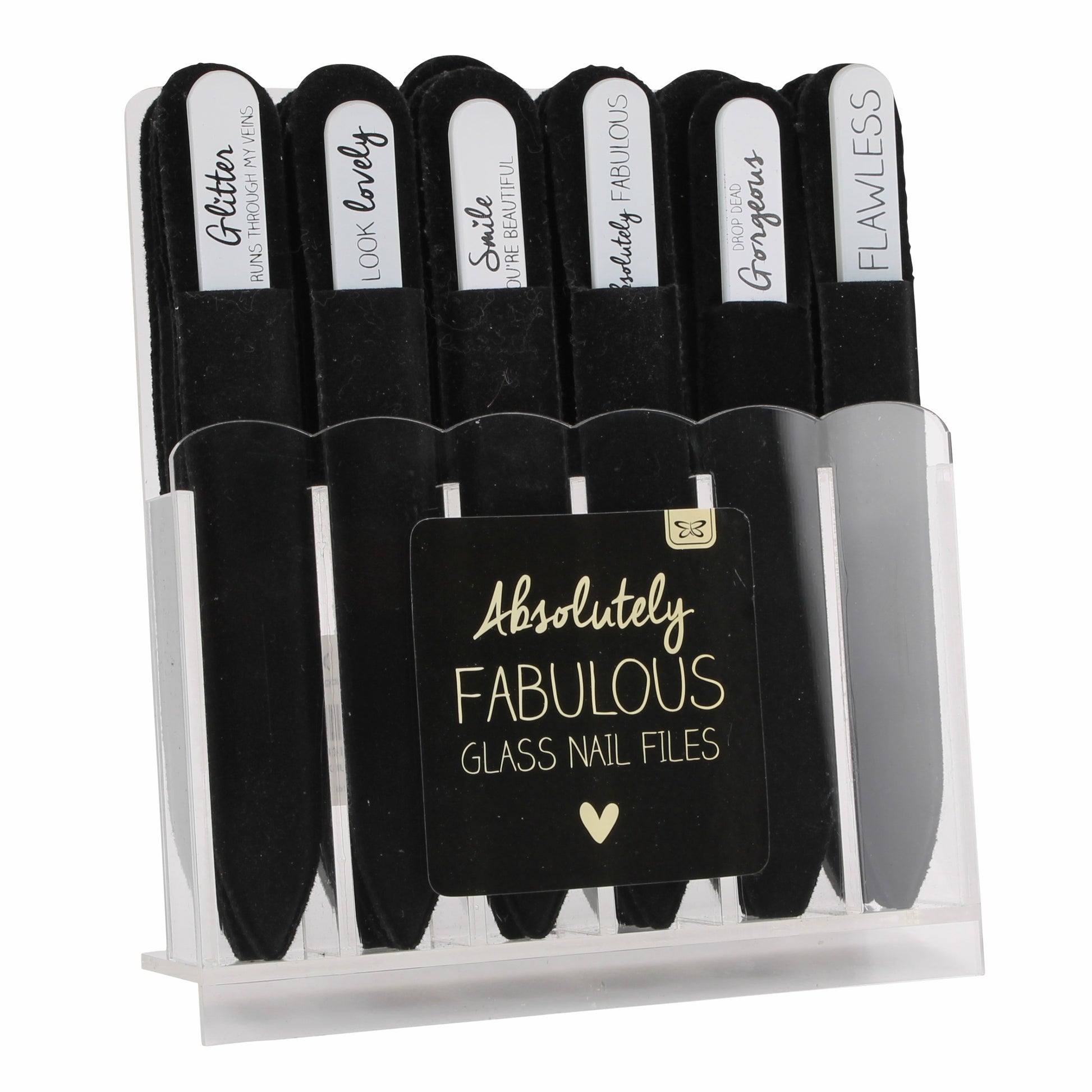 Glass nail file in black soft velvet pouch with choice of slogans