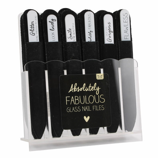 Glass nail file in black soft velvet pouch with choice of slogans