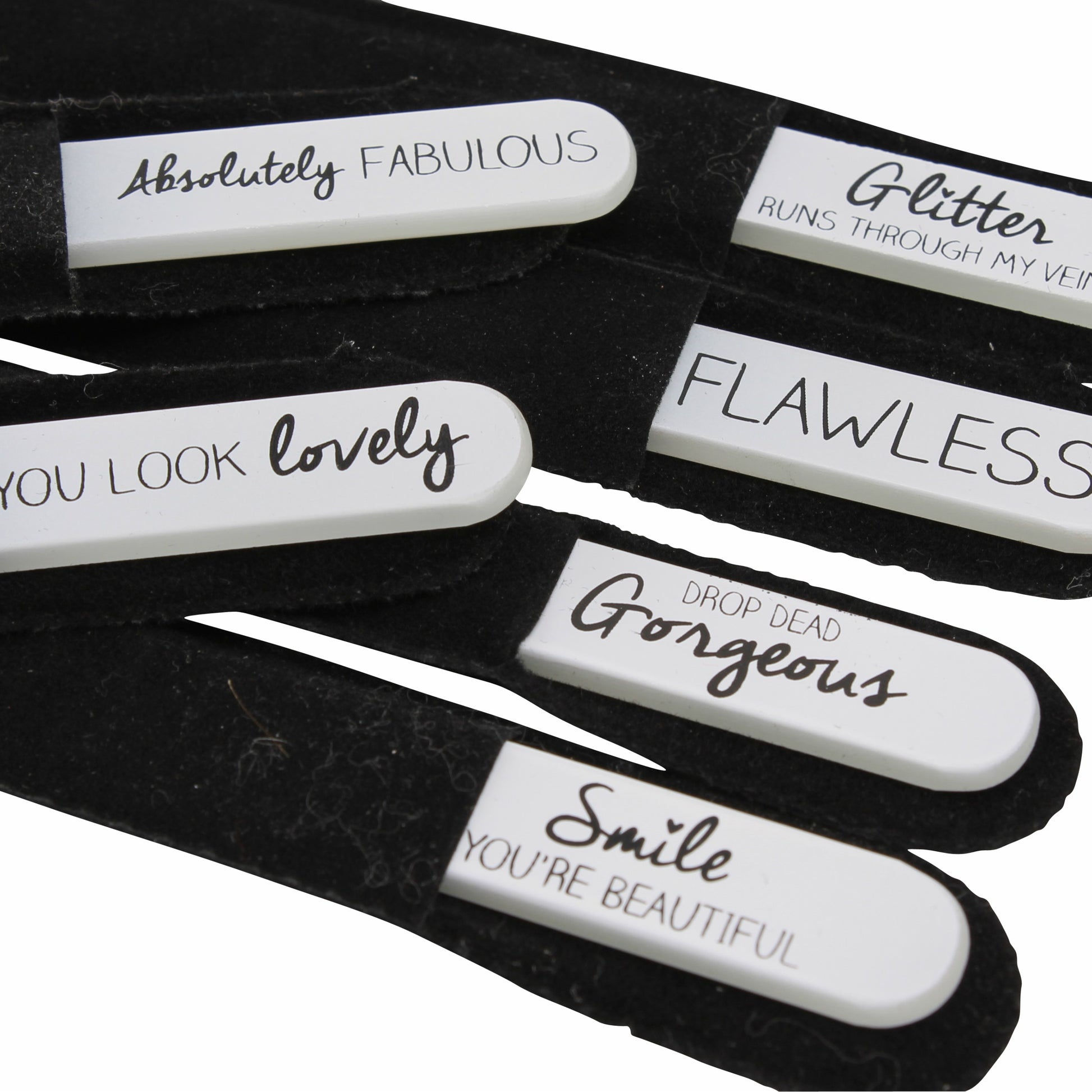 Glass nail file in black soft velvet pouch with choice of slogans