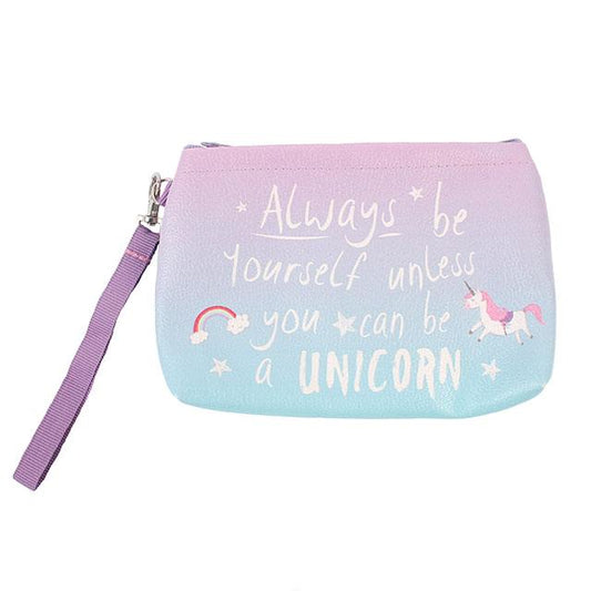 Blue and purple make up bag with unicorn image and slogan: Always be yourself unless you can be a unicorn