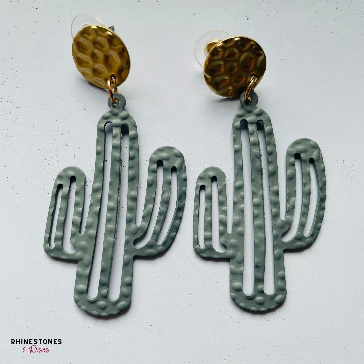 Blue cactus hammered metal drop earrings 