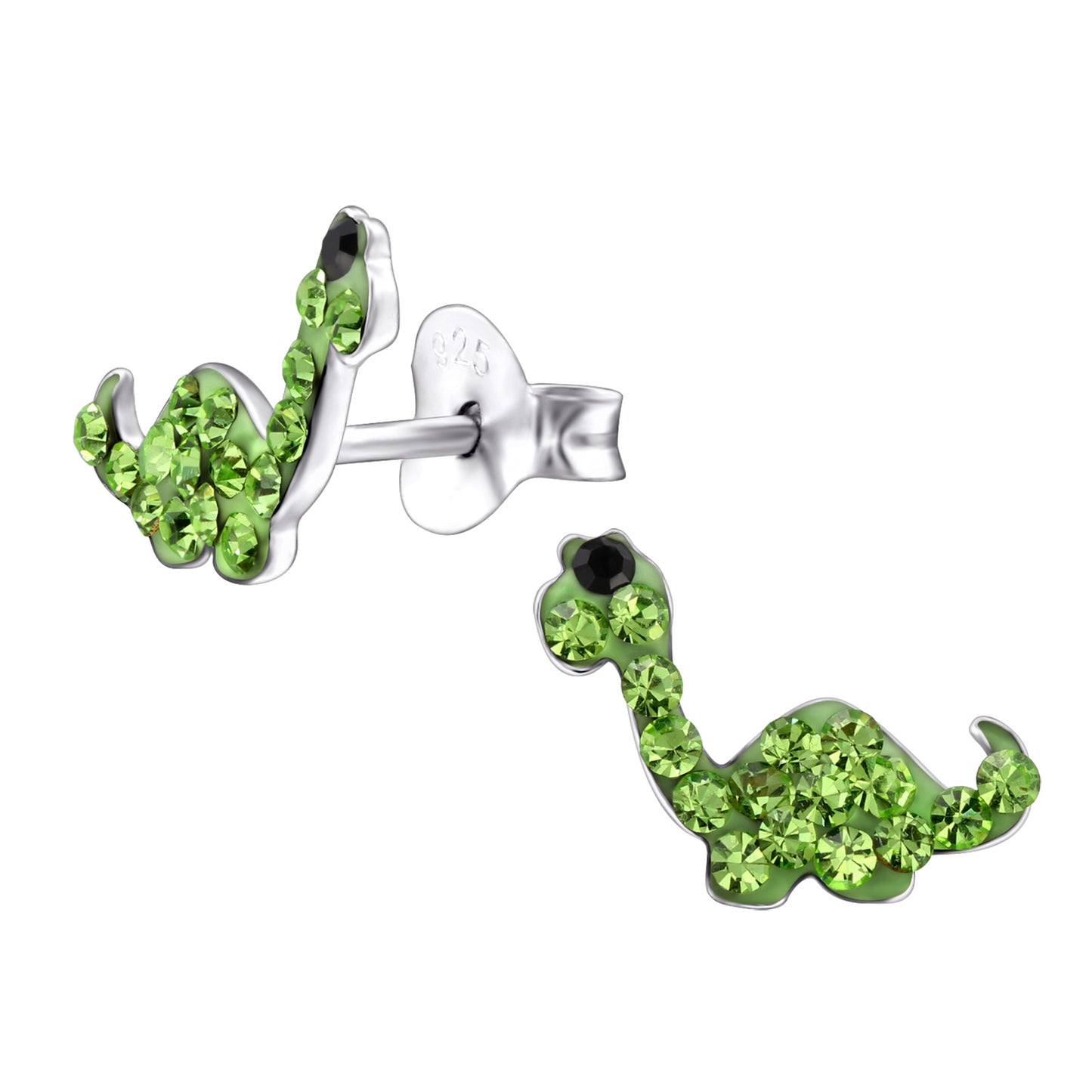 Pretty green diplodocus dinosaur crystal earrings.