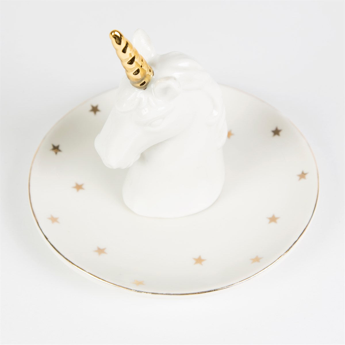 Gorgeous white unicorn head ceramic ring dish / trinket dish on a white star bowl.