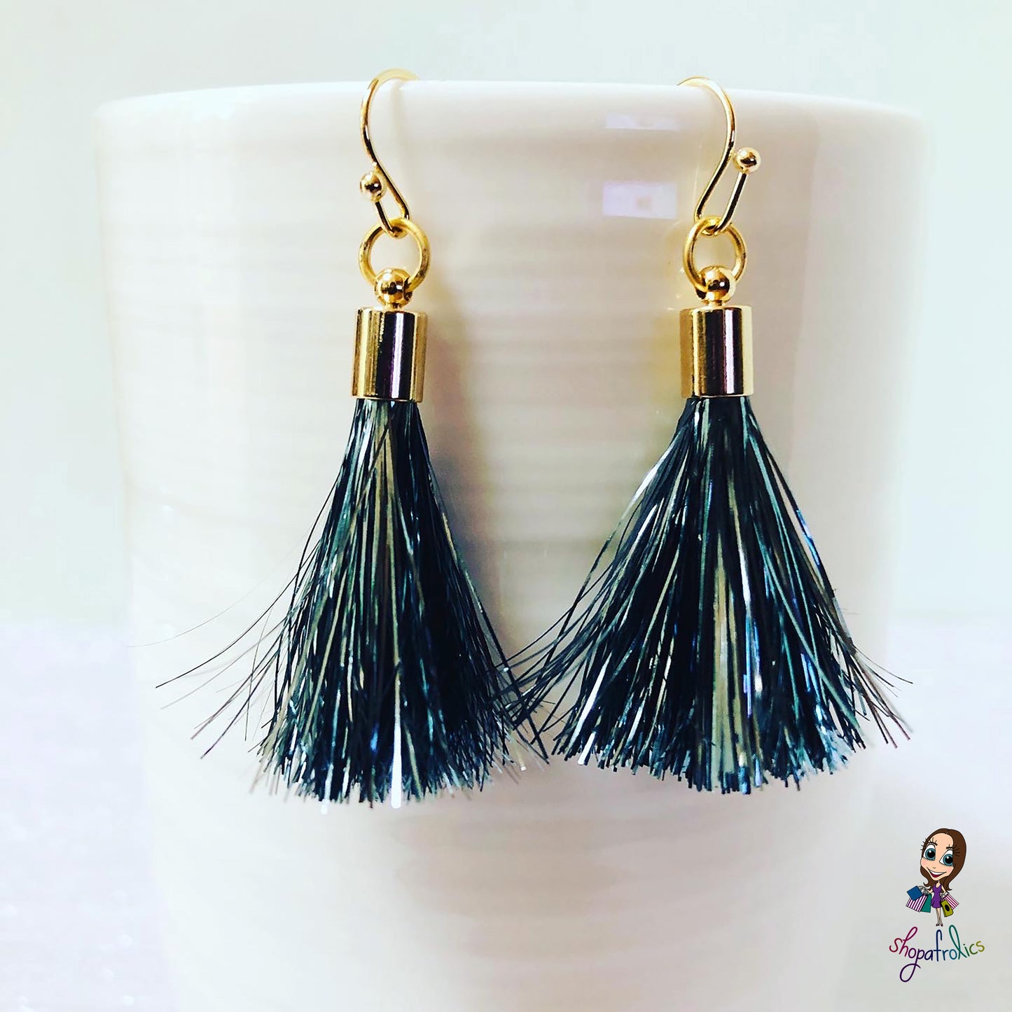 Dark Grey Tinsel Tassel Drop Earrings