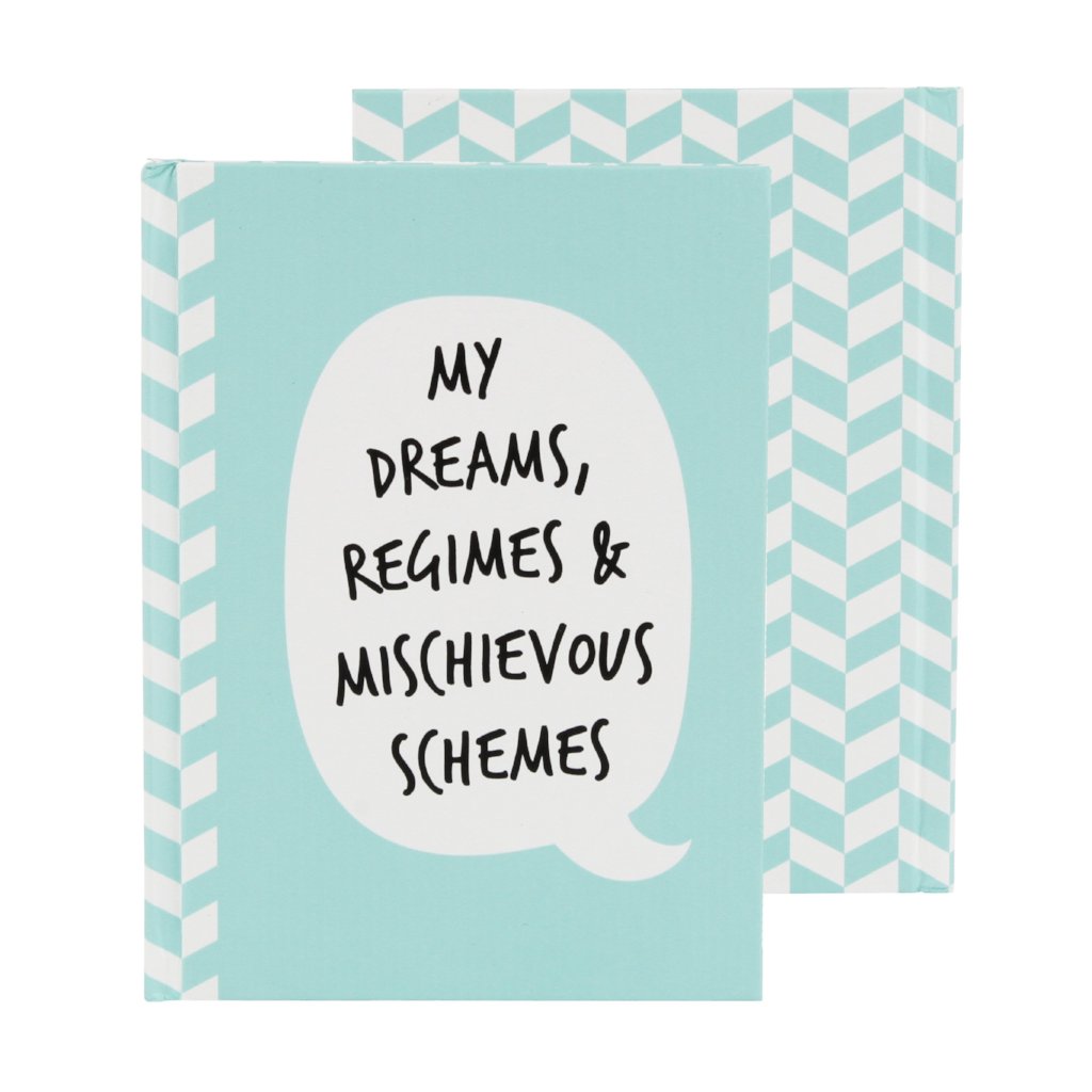 Green A6 hard cover notebook featuring bubble slogan My Dreams, Regimes & Mischeivious Scheme